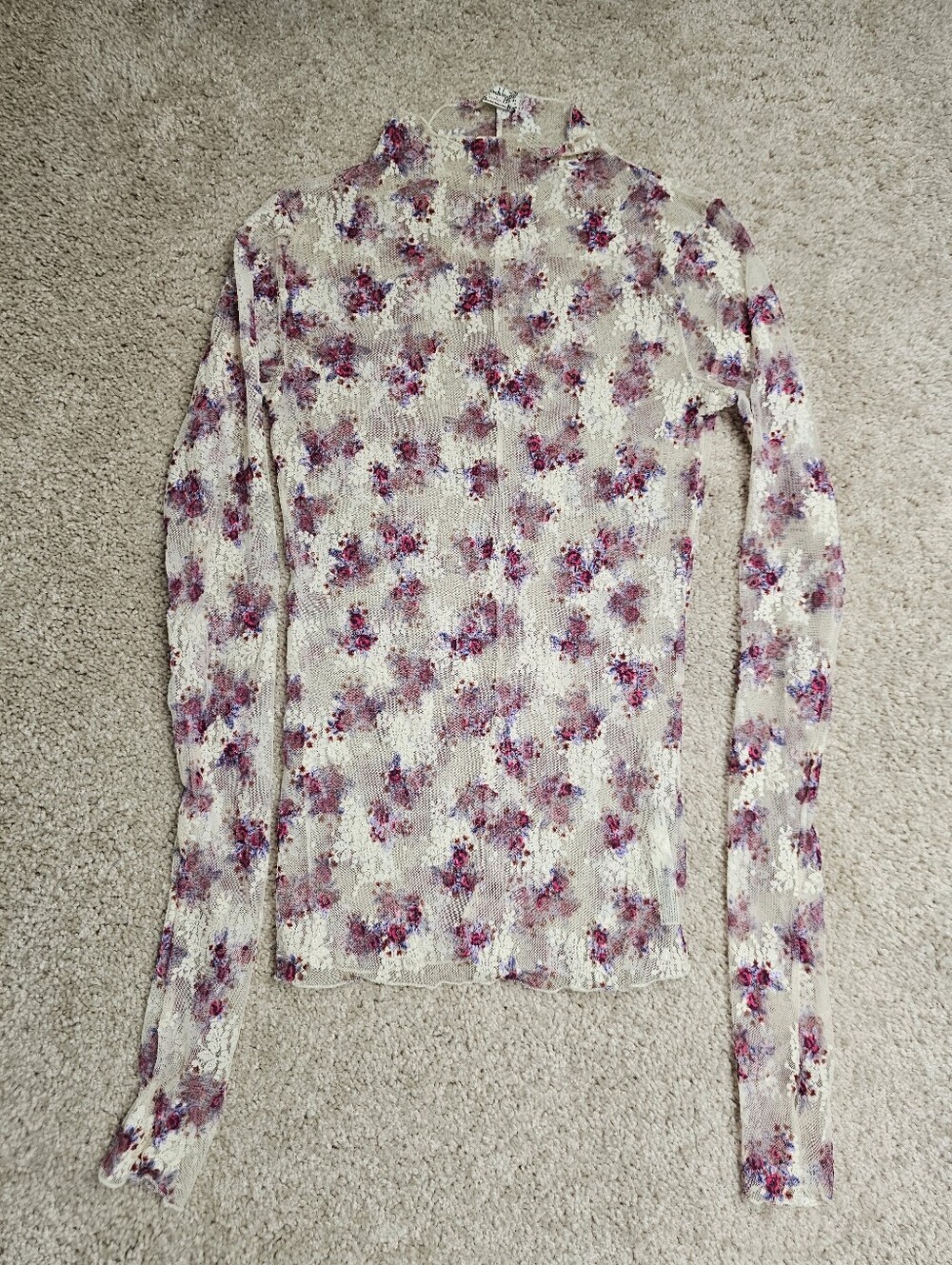 Free People Lady Lux Layering Top Floral Mesh Long Sleeve Mock Neck Ivory Small - Picture 3 of 10